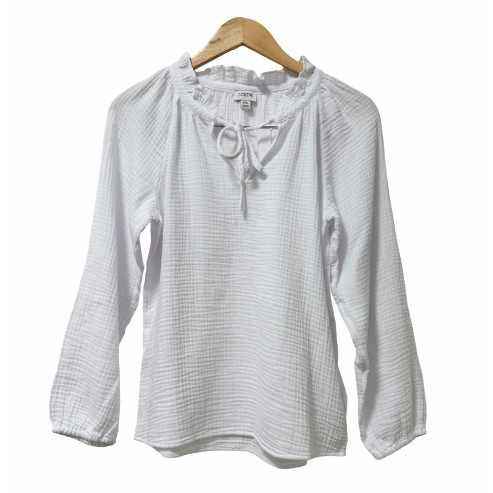 J Crew Womens Long Sleeve Gauze Tie Neck Top Blouse Size SP White Lightweight